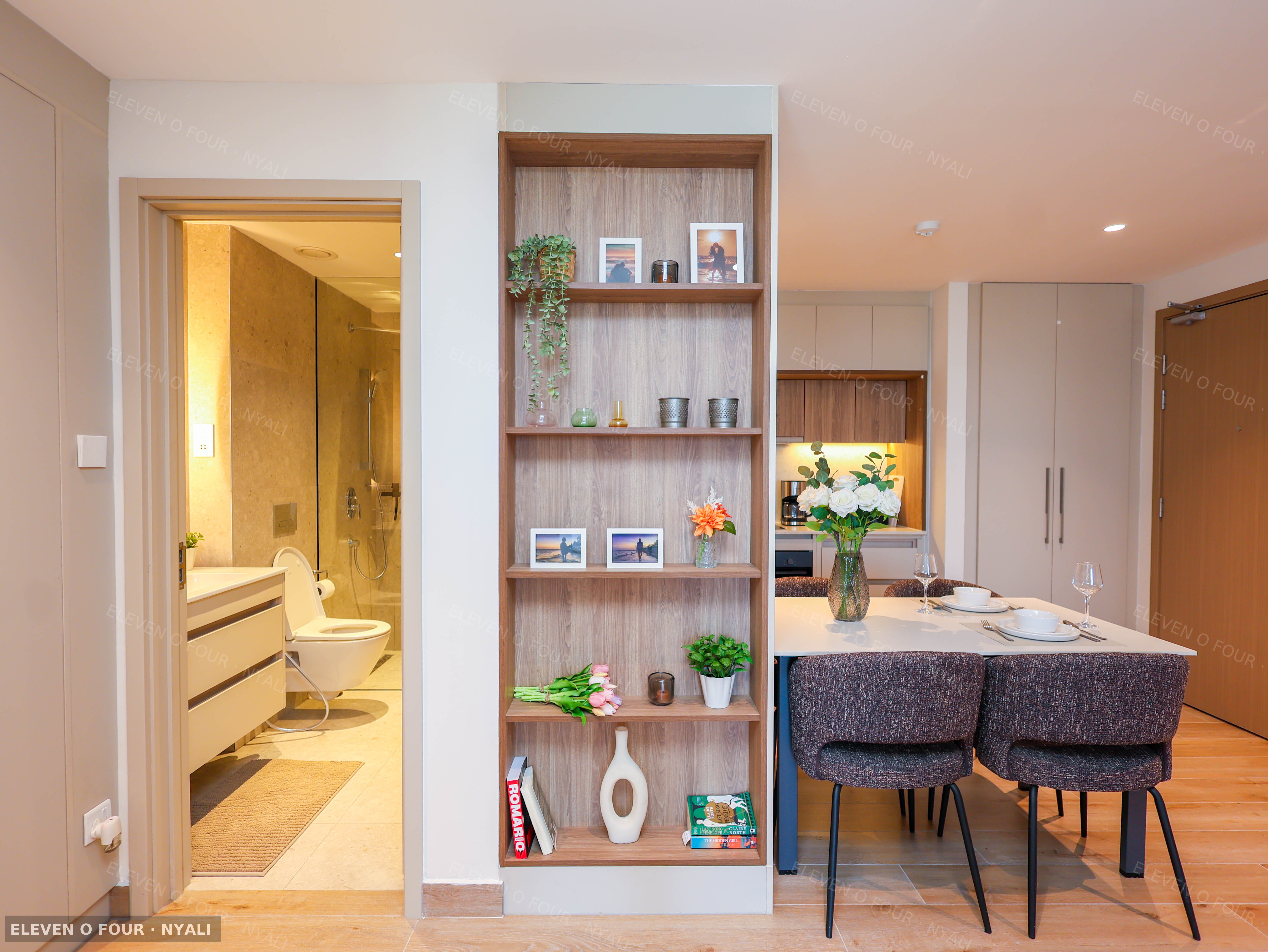 Apartment entrance, dining area and bathroom